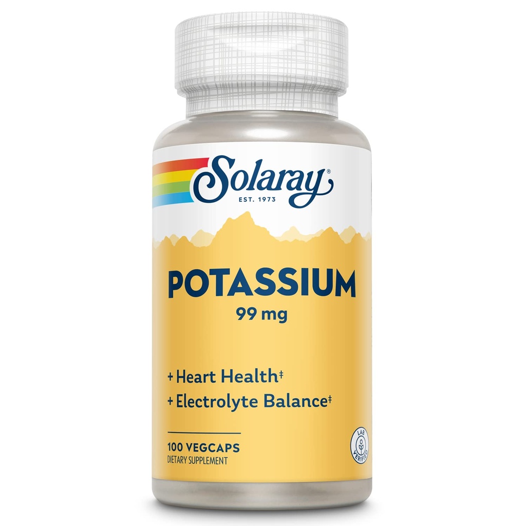 SOLARAY Potassium Supplement Capsules - 99 mg, Electrolyte Balance Formula for Women & Men, Potassium Supplement for Electrolytes, Heart Health Support, Lab Verified - 100 Vegetable Capsules
