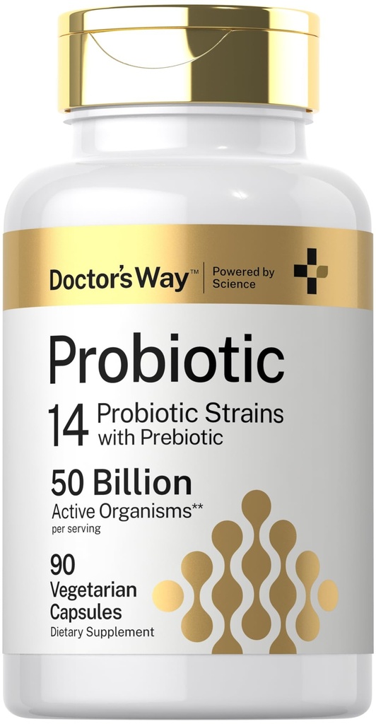Doctor's Way Probiotic Supplement | 50 milliarder aktive organismer | 90 kapsler | 14 Strains med prebiotiske | for menn og kvinner | Vegetarisk, ikke-GMO, Glutenfri