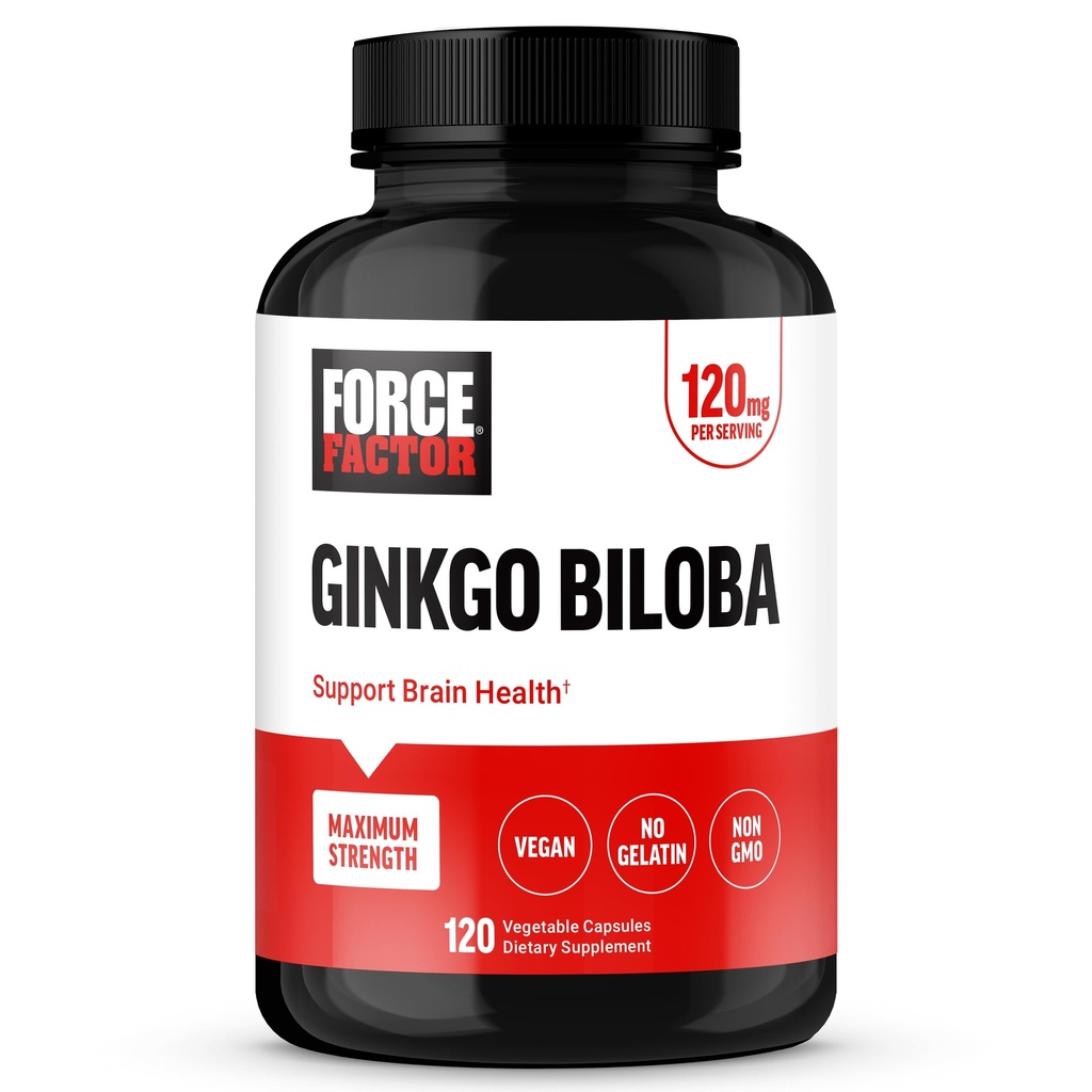 FORCE FACTOR Ginkgo Biloba 120 mg, Brain Health Supplement for voksne, Maks styrke Ginko Brain Support og Kognitive Supplement, Vegan, Ikke-GMO, 120 Kapsler