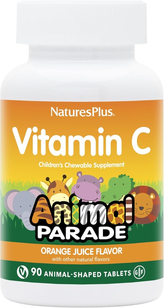 NaturesPlus Animal Parade Vitamin C Barn Chewable - Natural Orange Juice Flavor - 90 Animal-Shaped Tabletter, Pakke med 2 - Vegan, Vegetarisk, Glutenfri - 90 Total Services
