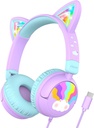 iClever Kids hodetelefoner USB C, LED lys opp, 85dBA trygt volum, Stereo lyd Toddler hodetelefoner for reise skole, barn hodetelefon med tråd for iPad-tabletter, Meow Lollipop-Purple