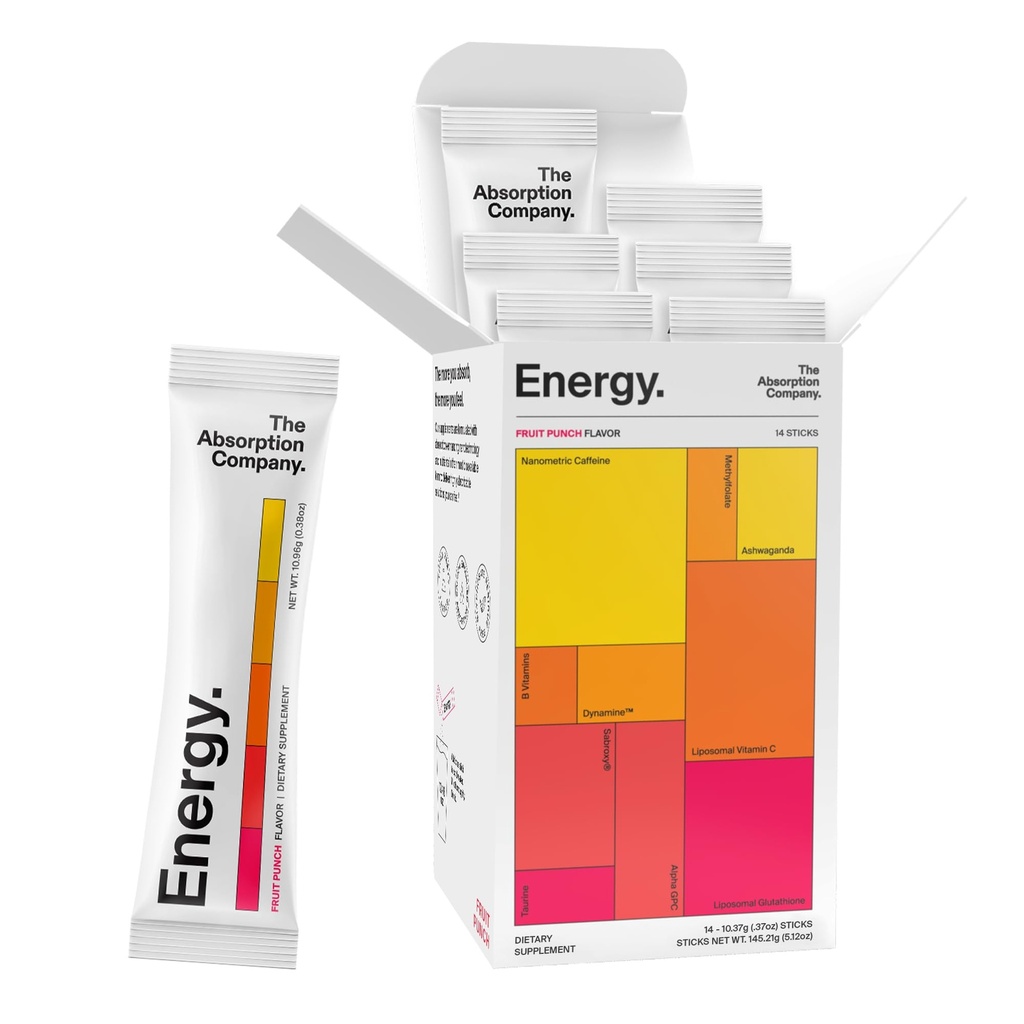 Absorpsjonsselskapet Energi Drikkepulver Blande pakker – Clean Energy Booster for å støtte varsling med 150 mg naturlig kaffe og vitamin C – Fruit Punch Flavor, 14 Sticks