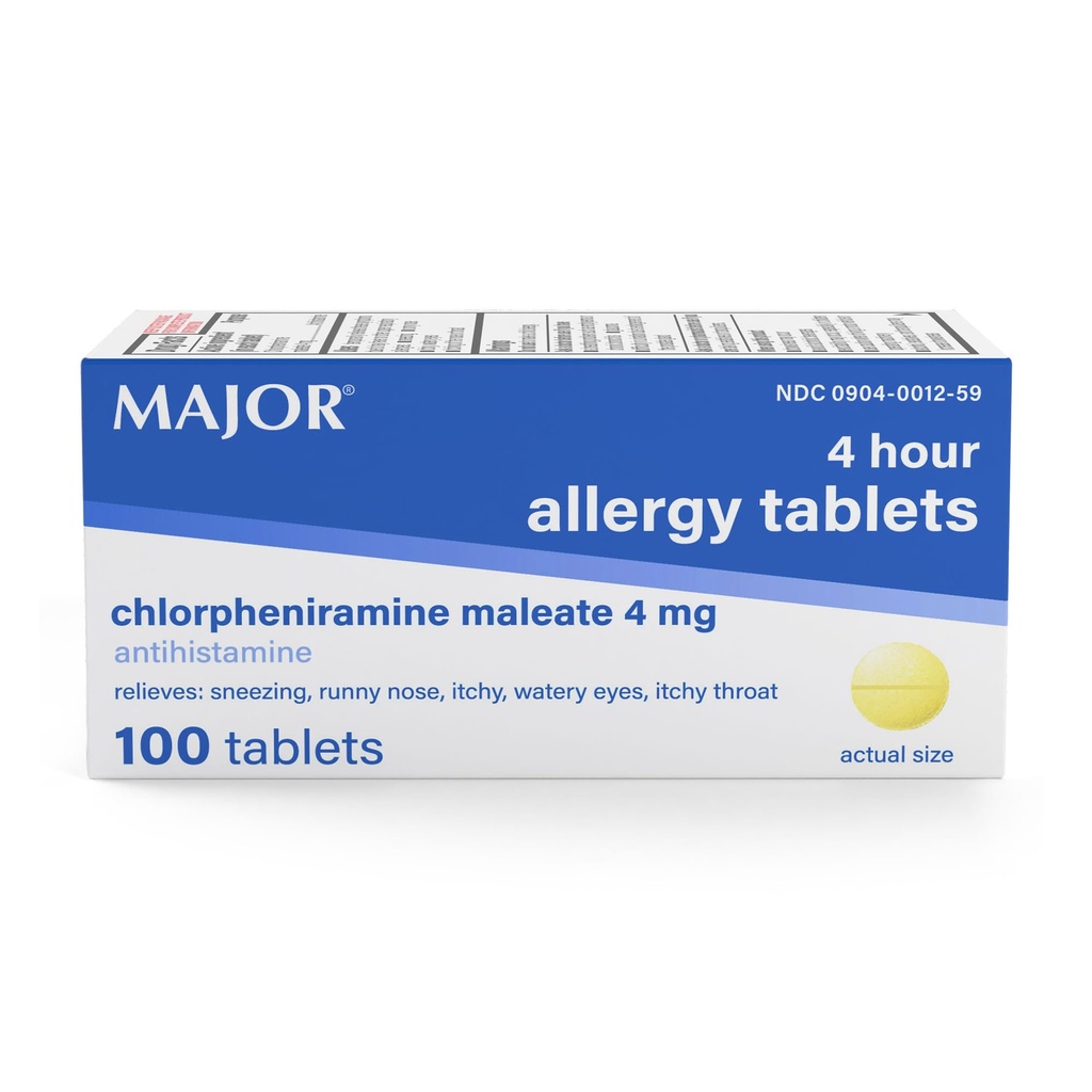 MAJOR 4 Mg Allergy Tabletter - Klorfeniramin Maleat 4- Hour Allergy Medisin - Antihistaminer for lindring av Sneezing, kløende vannaktige øyne, kløende throat og runny nese - 100 greve (1 pakke)