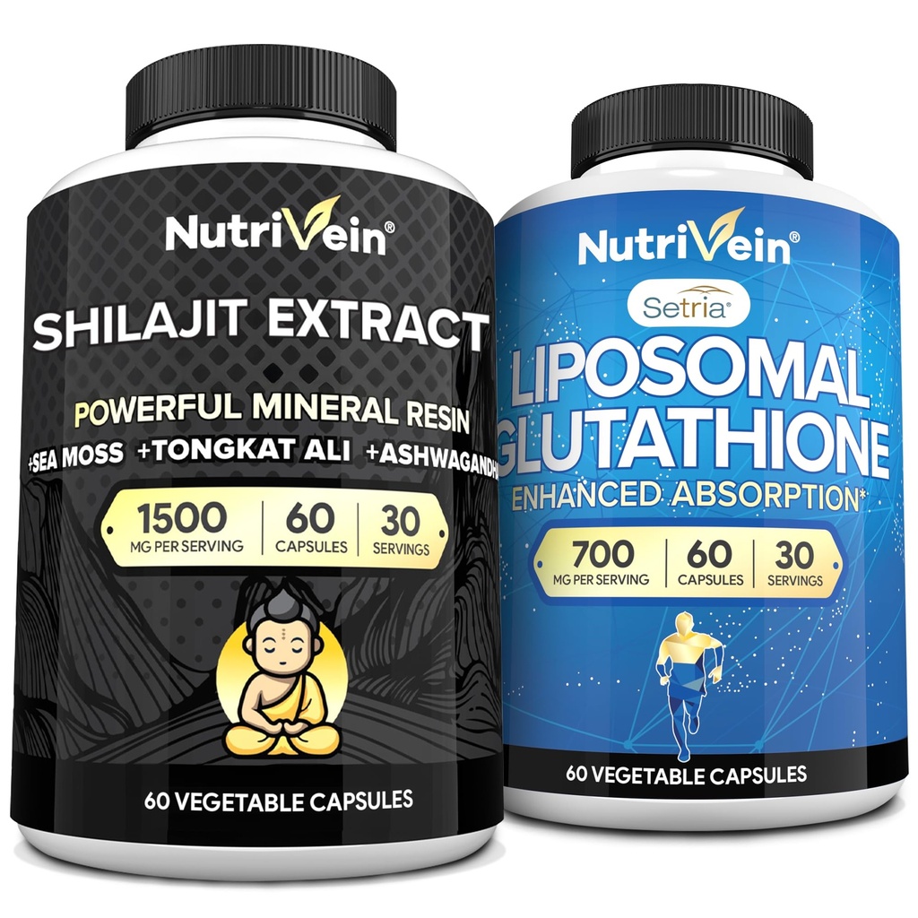 Nutrivein Premium Shilajit Kapsler & Liposomal Glutation Supplement Bundle: Høyabsorpsjon Glutation Liposomal & Shilajit Kapsler for menn og kvinner - Liver, Detox, & Vitalitet