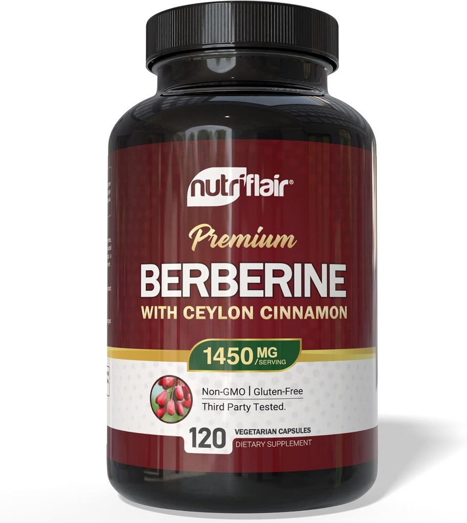 NutriFlair Berberine med ceylon kanel 1450mg Supplement - 120 kapsler høy styrke formel med berberine HCl & organisk ceylon kanel | ikke-GMO, vegansk, glutenfri
