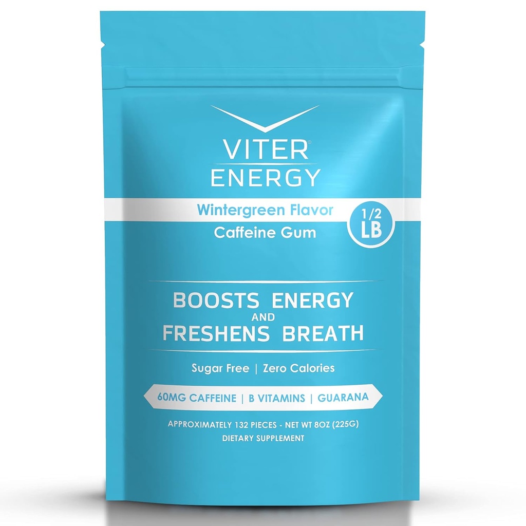 Viter Energi Koffeinert Gum 60mg Koffein, B-vitaminer, Guarana, Sukkerfri. (Wintergreen, 8oz, Bulk Bag)