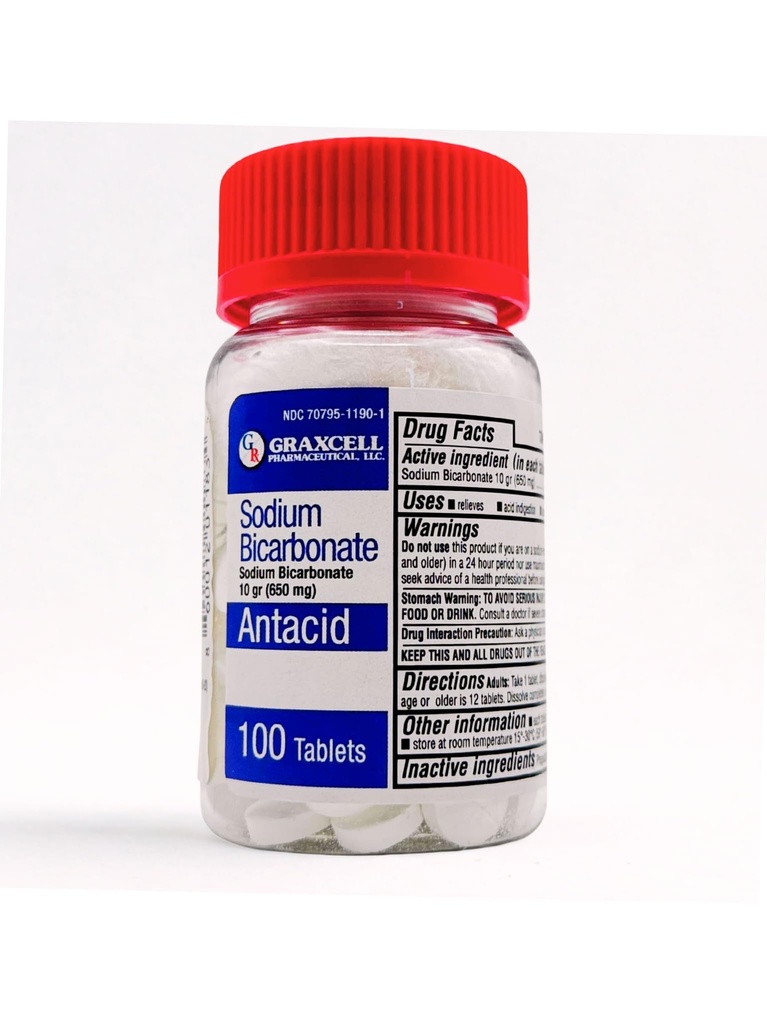 Natriumbikarbonattabletter |USP 650mg (10 korn) |Relief av syreødeleggelse, Heartburn, Sour Mage & Upset Mage mage | Nyre helse | 100 greve