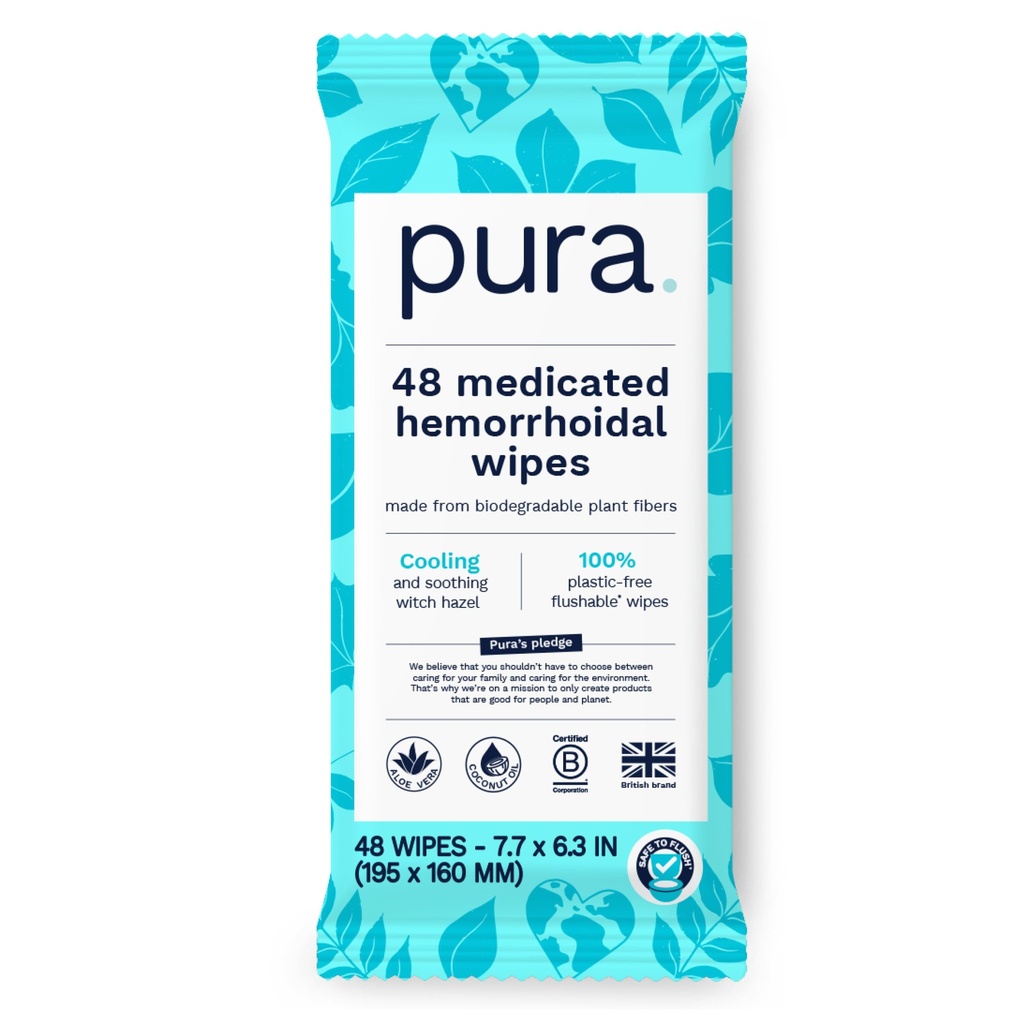 Pura Flushable hemorroid tørker XL, 48 greve, Medisinert med kjølende heks Hazel, Aloe og kokosolje, rask relief, fragrance-fri, 100% plast-fri