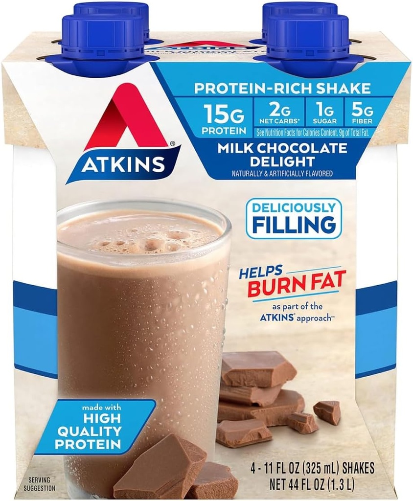 Atkins Melk Sjokolade Delight Protein Shake, 15g Protein, Lavt glykemisk, 2g Net Carb, 1g Sukker, Keto Vennlig, 4 Count