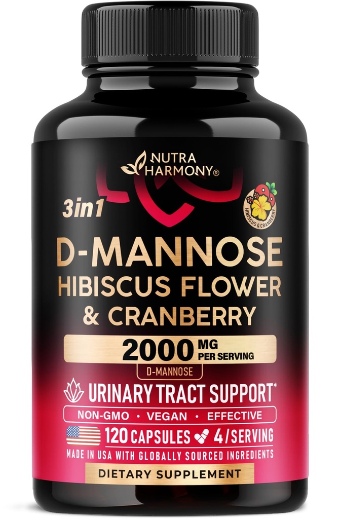 D-Mannose 2000mg med Cranberry & Hibiscus - klinisk testet styrke for urinveistrakt helse - Supplement for kvinner - Blader, lever og mikroflora støtte - laget i USA - Vegan, 120 kapsler