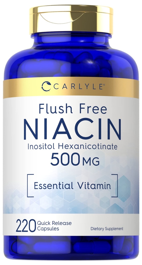 Carlyle Niacin Flush Free 500 mg | 220 kapsler | Ikke-GMO og glutenfri essensiell vitamin