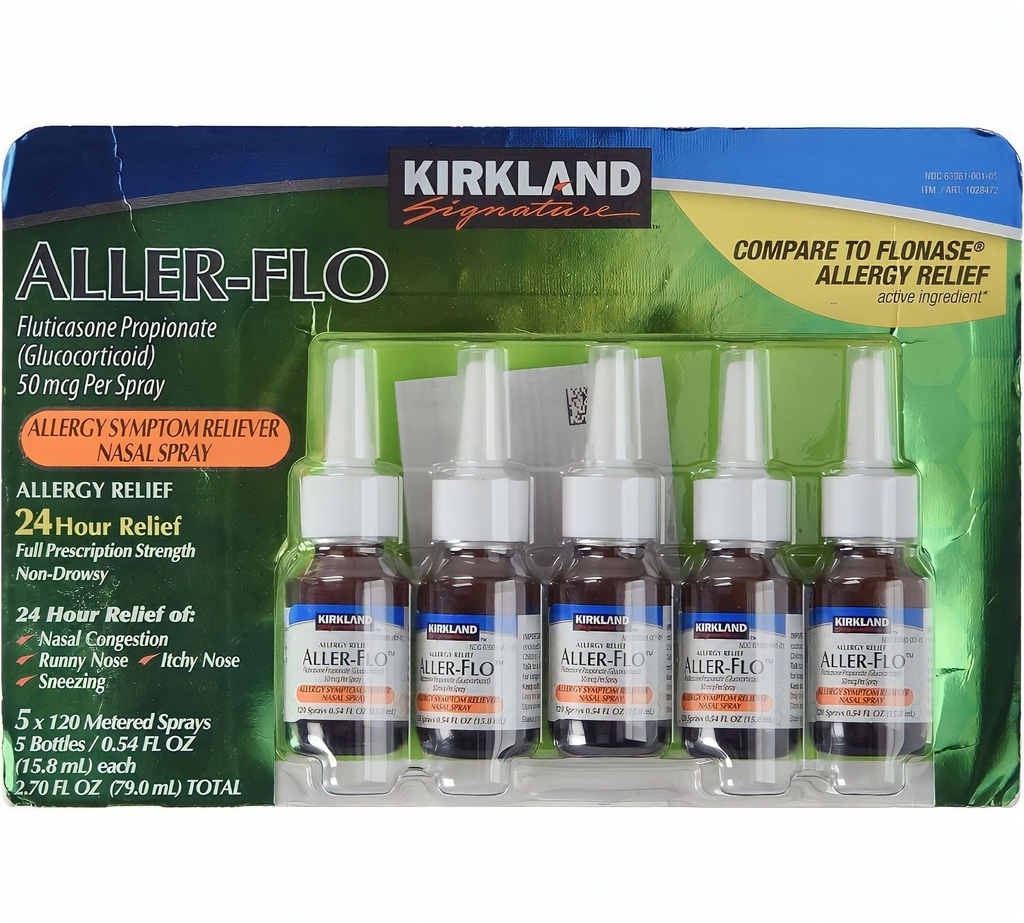 KIRKLAND Signatur Aller-Flo Fluticason Propionate (Glucorticoid) 5 flasker x 120 Metered Sprøyter 0,54 Fl OZ per flaske (15,8 ml x 5) 2,70 OZ Totalt (79 ml Totalt) 600 Total Sprøyter Totalt, 1-Pack