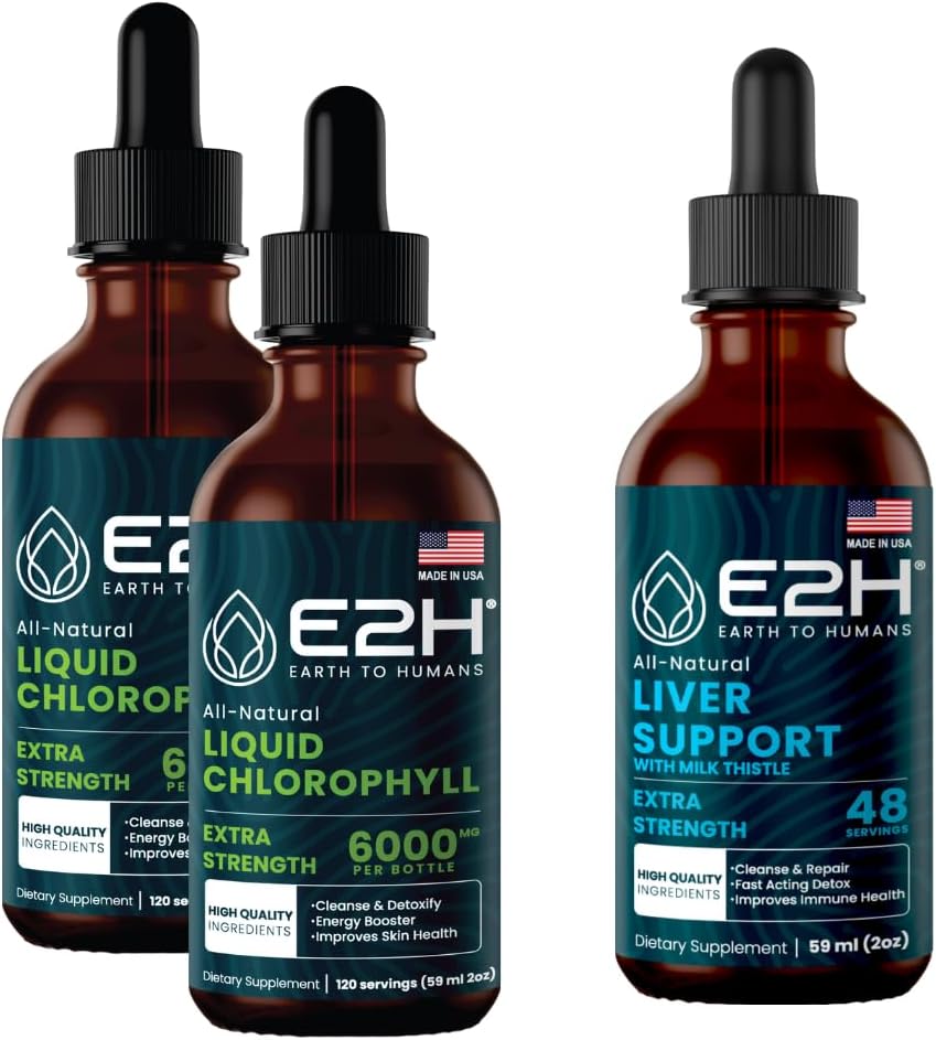 E2H: Klorophyll flytende dråper (2 Pakke - 4 Fl Oz) og Liver Support Supplement (Enkelflaske - 2 Fl Oz)