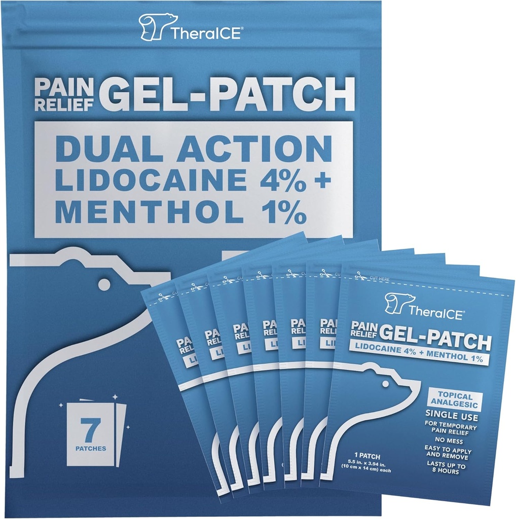 TheraICE Lidocaine Patches Plus Menthol - Maks styrke Hot & ICY kald lindring for rygg, hals og skulder smerte - 4% Lidocaine + 1% Menthol, Stor størrelse (7 grev)