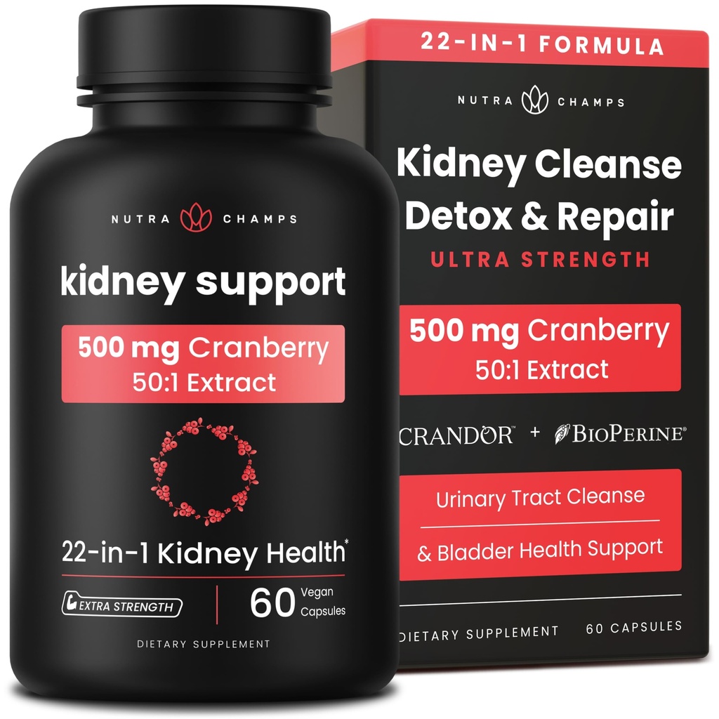 Nyre rengjøring Detox | 22-i-1 Njurestøtte Supplement | 25 000mg Cranberry piller Ekstrakt | Ekstra styrke Reparasjon & Flush Premium Formula | Urinal Tract Helse for kvinner og menn | 60 Vegan Kapsler
