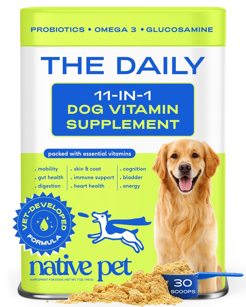 Native Pet Hunde vitaminer og kosttilskudd - 11-i-1 Multivitamin pulver for hunder Mat Topper - kollagen, glukosamin, probiotika, Omega og mer-støtter sunn gut, mobilitet og generell helse -30 Scoops