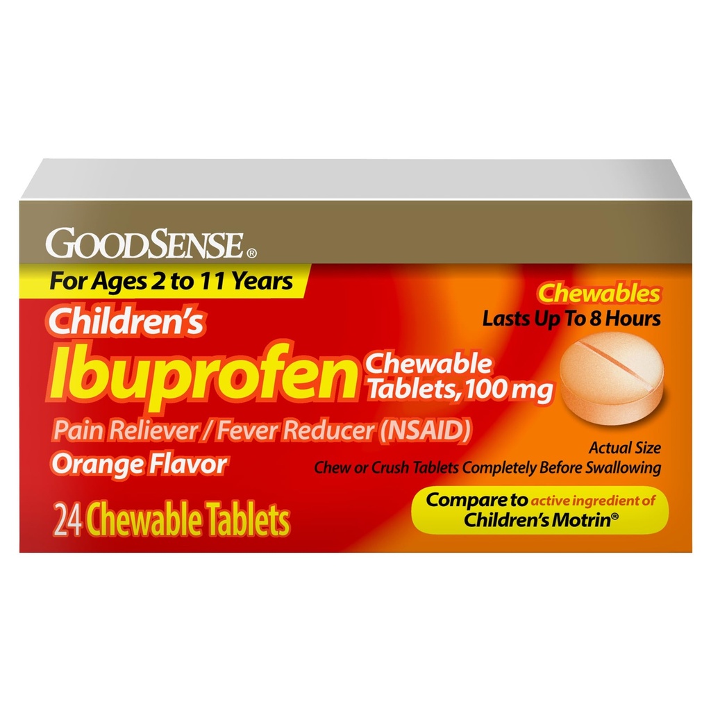 GoodSense Barnes Ibuprofen Chewable Tabletter, 100 mg, 24 greve, smertestillende og feberreduser (NSAID), midlertidig reduserer feber og lindrer mindre smerter og smerte