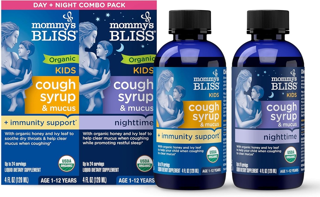 Mammas Bliss Organic Cough Syrup & Mucus for barn, dag og natt Combo Pack med vitamin C og immunisme støtte, inneholder økologisk honning og Ivy Leaf, 4 Fl Oz (Pack of 2)