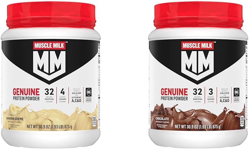 Muskelmelk ekte protein pulver bunke, banan crème 1,93 pund 12 serveringer 32 g protein og sjokolade 1,93 pund 12 serveringer 32 g protein