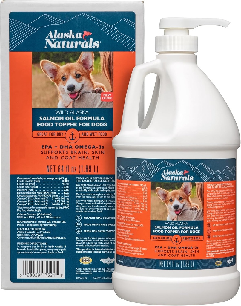 Alaska Naturals Wild Alaskan Salmon Fish Oil Supplement for hunder Hud og Coat med EPA DHA Omega 3 fettsyrer flytende matTopper 64 oz. Pump
