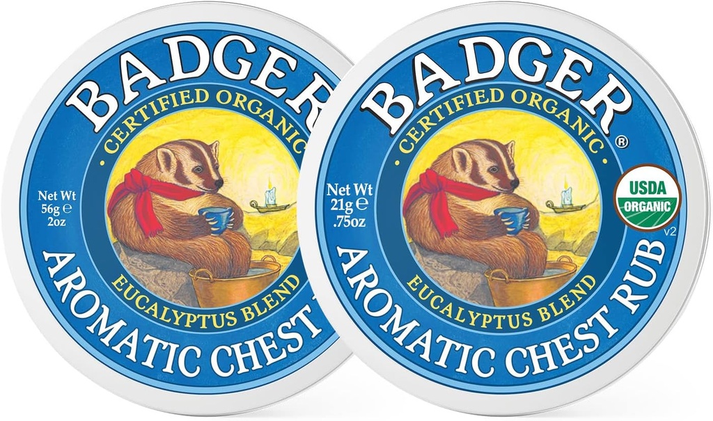Badger - Aromatic Chest Rub, Eucalyptus & Mint, Certified Organic, Soothing Vapor Rub med Eucalyptus essensielle oljer, Baby Chest Rub, Vapor Rub Ointment, 0,75 oz - 2-Pack