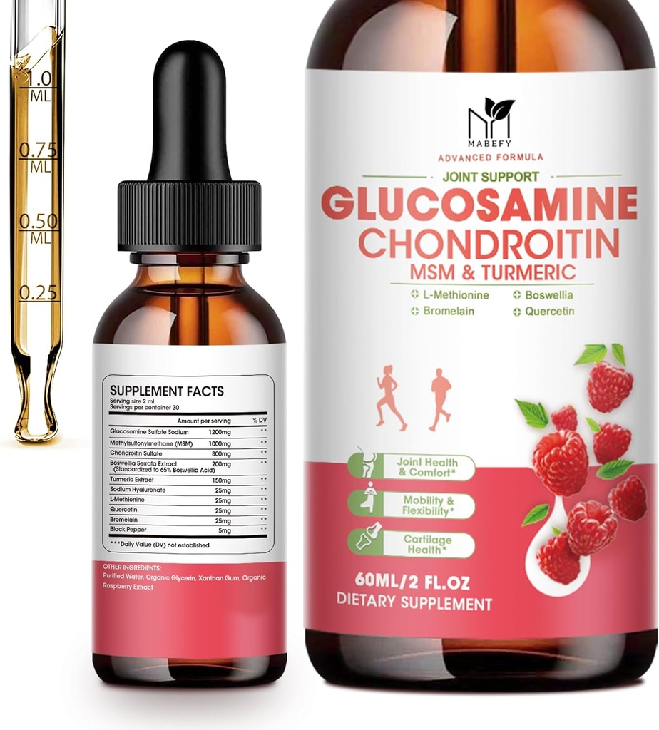 Glucosamine Chondroitin MSM flytende dråper-w / gurkemeie Boswellia Quercetin Bromelain-Vegan, Antioksidant støtte for rygg,Knee,Hands-Joint støtte tilskudd støtter sunne ledd, mobilitet og Cartilage