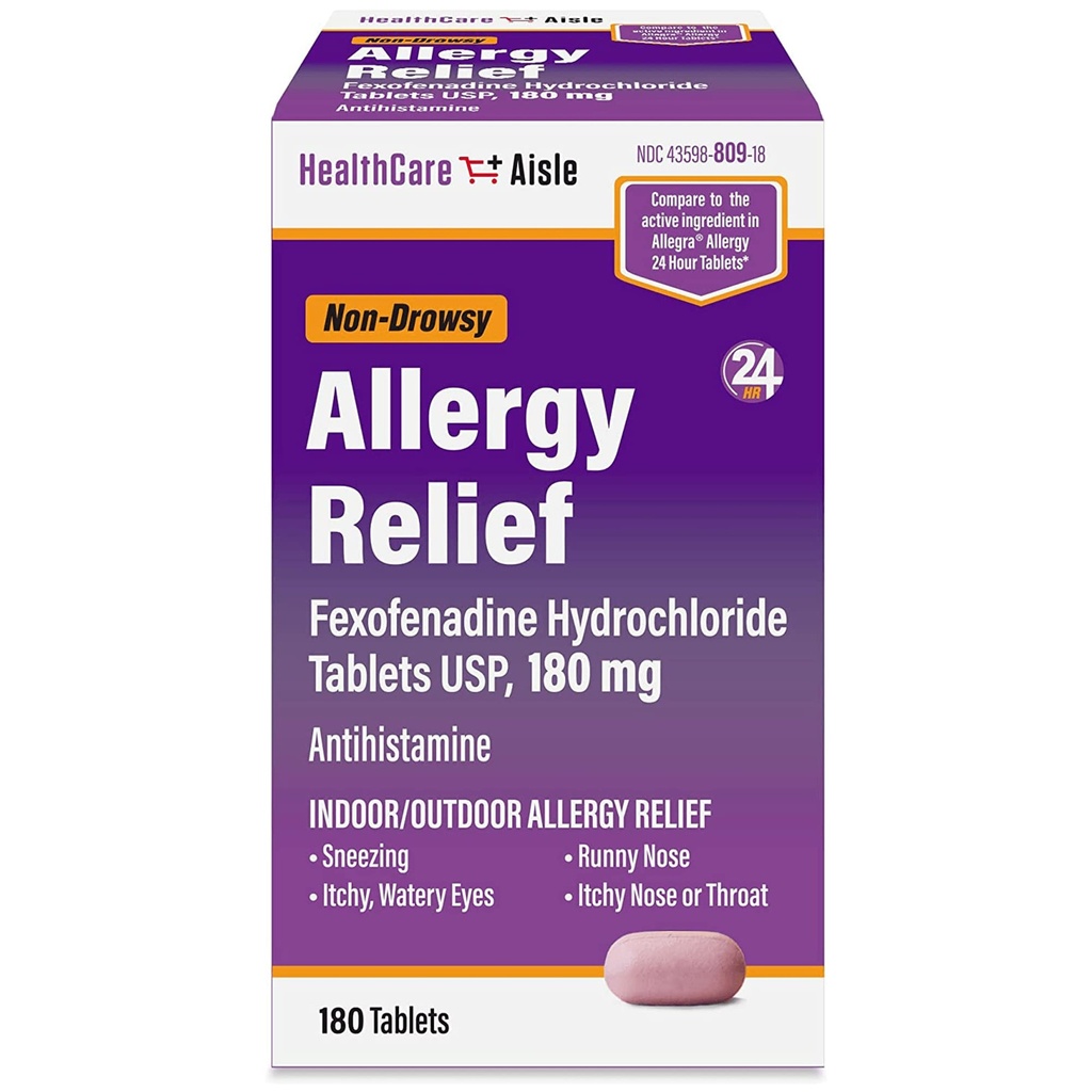HealthCareAisle Allergi Relief - Fexofenadin Hydroklorid Tabletter USP, 180 mg - 180 Tabletter - Allergi Medisin, Ikke-Drowsy 24 timers relief