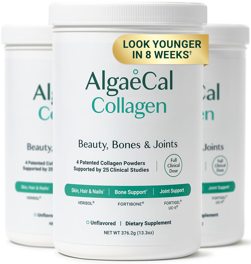 ALGAECAL kollagen - 4 klinisk støttede peptider VERISOL®, FORTIGEL®, UC-II®, FORTIBONE®, Anti-Aging Hydrolysert kollagenpulver, 3 pakker, laget i USA