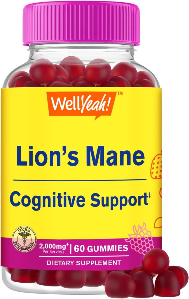 VelJa Lions Mane Gummies for voksne (2 000mg) | Lions Mane Supplement Minne og Focuse Support | Glutenfri, Ikke GMO | Berry Flavor | Lions Mane Gummies 60 greve