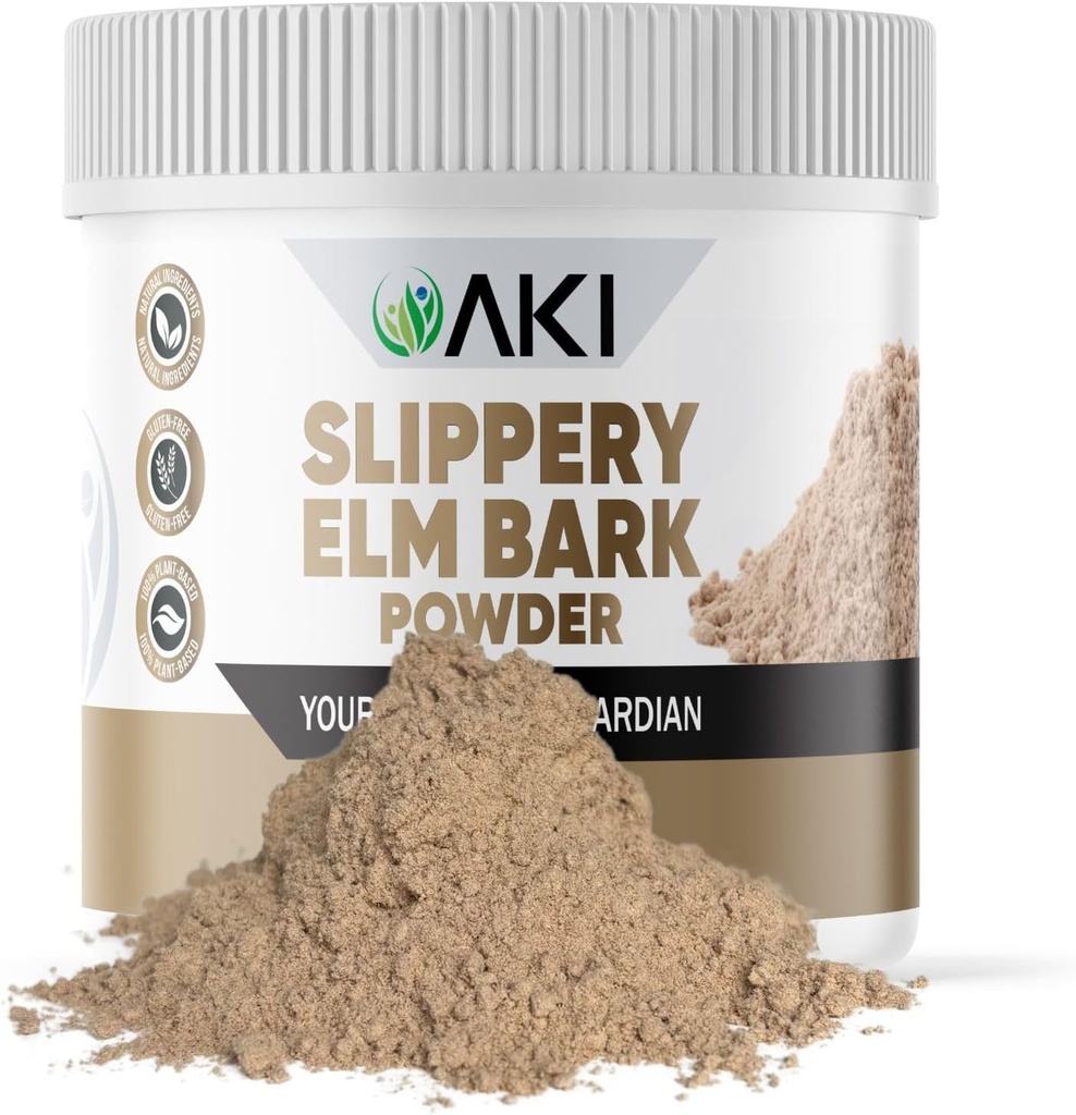 AKI Slippery Elm Bark Powder - Plantebasert Protein, Soothing Remedy For Digestive Wellness & Throat Comfort - Vegan-vennlig, Glutenfri, Ikke-GMO & Gratis fra kunstige tilsetningsmidler (4oz/113g)