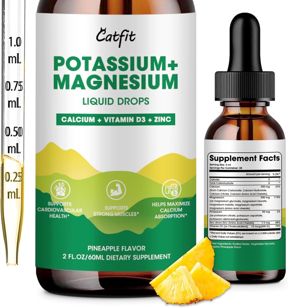 Kalium magnesiumglykinat Supplement-høy absorpsjon Magnesium kompleks flytende dråpe med kalsium, kalsium, vitamin D3 og sink for søvn,Leg kramper, muskler og energi, sukkerfri og vegan 2 fl Oz