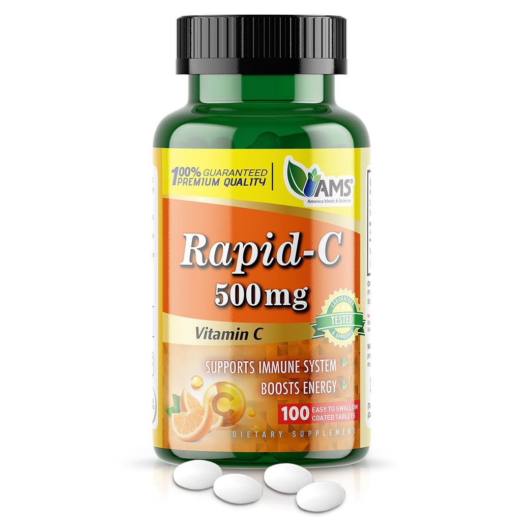 America Medic & Science Rapid-C 500mg vitamin C Supplement (1 pakke med 100 tabletter) Energi Booster, Daglig immunsystem støtte, Antioksidant | Vegan, ikke-GMO coated askorbinsyre for voksne menn og kvinner
