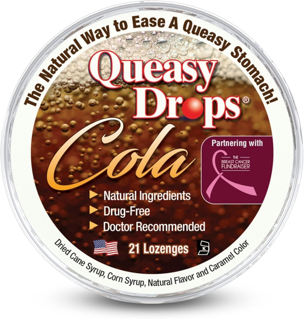Tre Lollies Queasy drops - Cola Flavor - Relief fra tristhet og reisesykhet, sotterer en tørr munn og setler magen - naturlige ingredienser - 21 ct