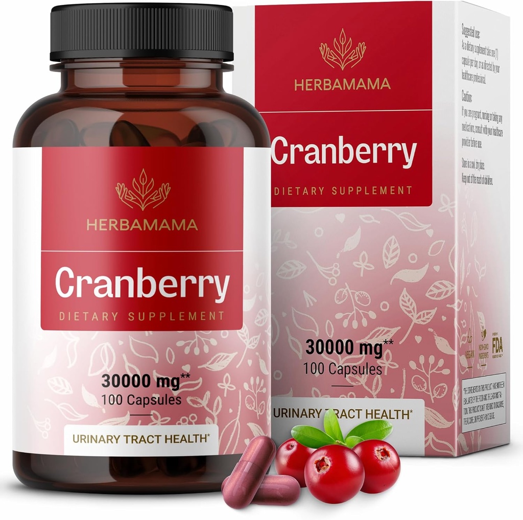 HERBAMAMA Cranberry Extract Capsules - 30 000mg Cranberry Powder for Urin Tract Support - Vegan, ikke-GMO Blader støtte Supplement, 100 Caps