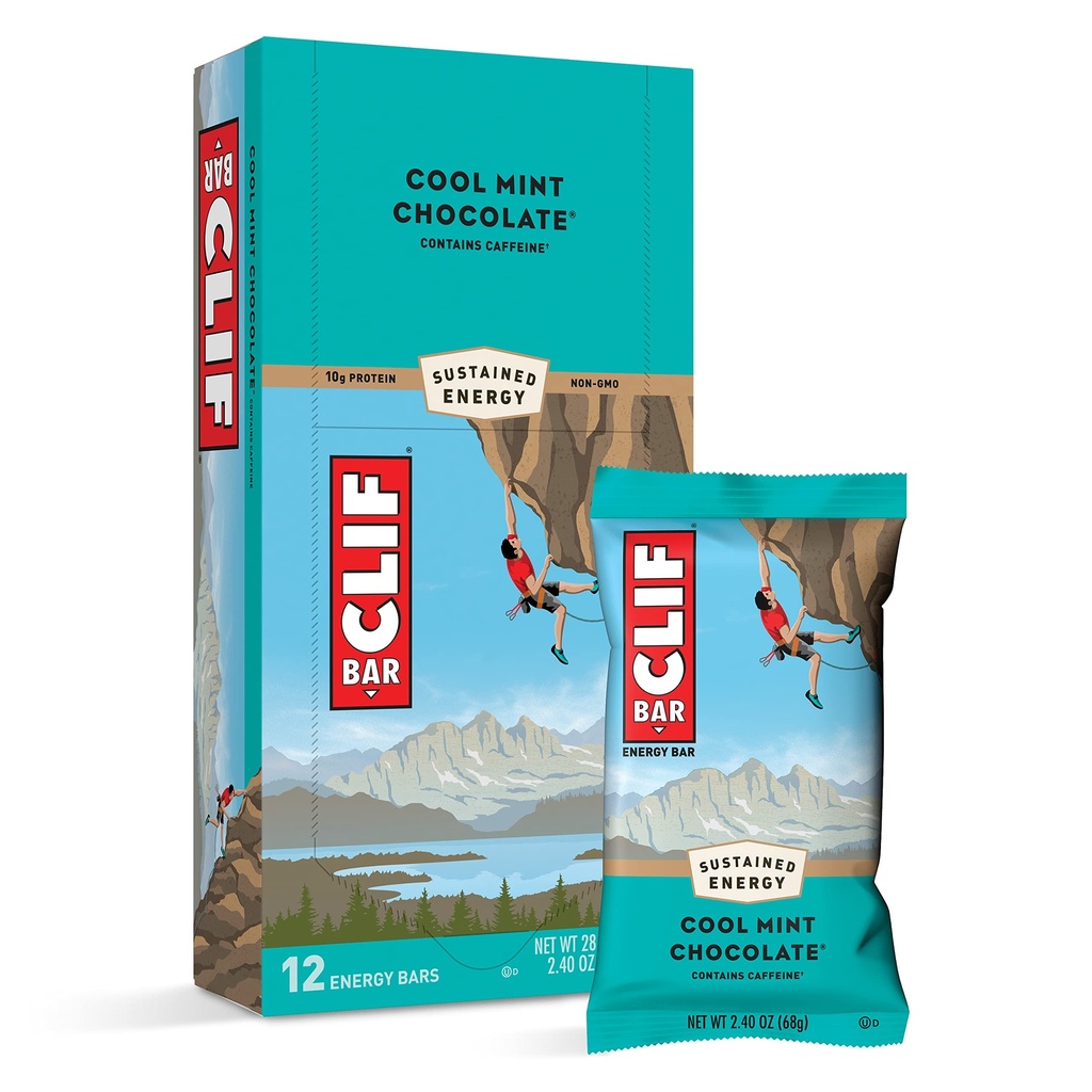 CLIF BARS - Energibarer - Kjøl mynte sjokolade - med koffein - laget med organisk havre - Plantebasert mat - Vegetarisk - Kosher (2.4 Ounce Protein Bars, 12 Count) Emballasje May Vary