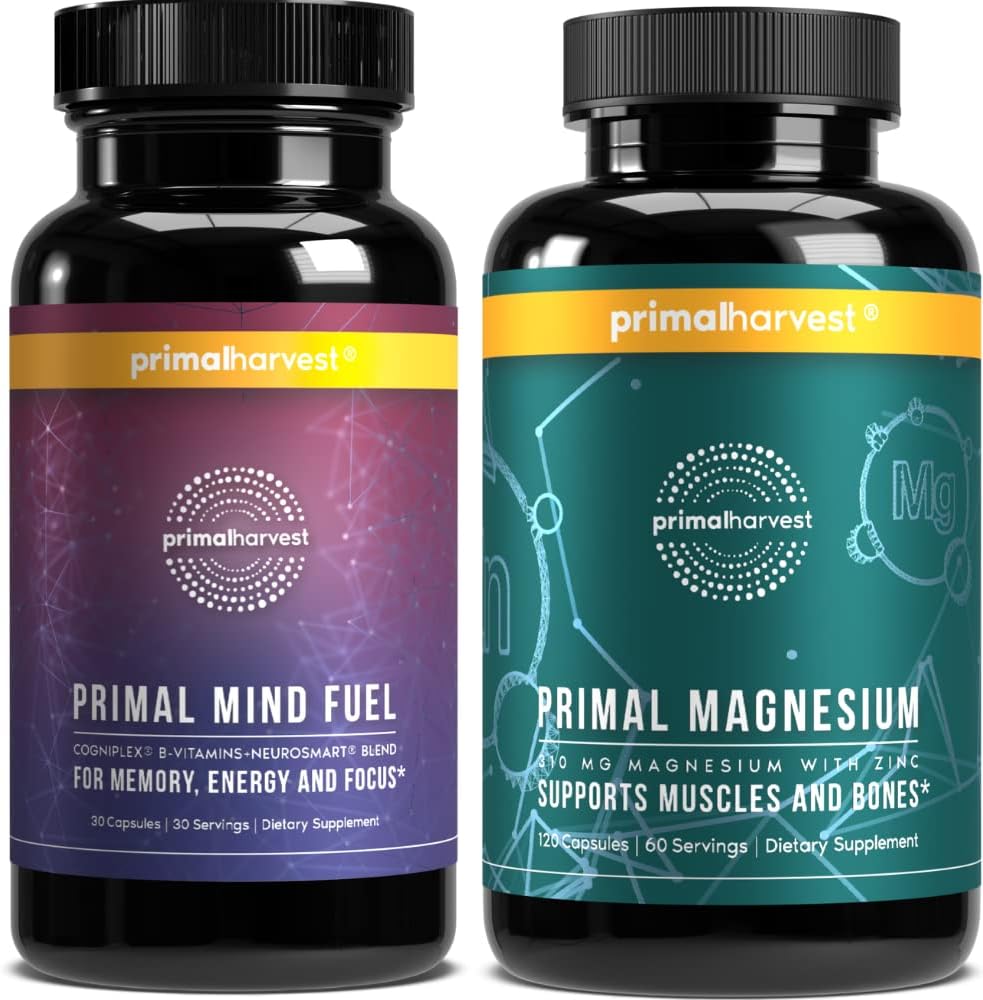 Primal Harvest Mind Drivstoff & Magnesium Glycinate Kosttilskudd for kvinner og menn Magnesium og Mind Drivstoff Hjerne Booster piller Bundle