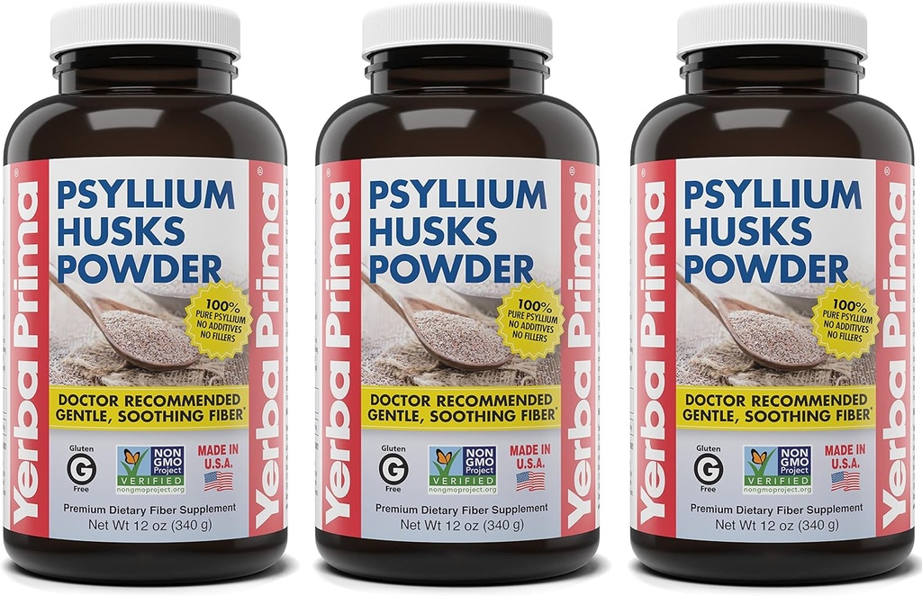 Yerba Prima Psyllium Husks pulver - 12 oz (Pack of 3) - Naturlig fibertilskudd - Colon rengjøring - Vegansk, ikke-GMO, Glutenfri (ny etikett - emballasje mai Vary)