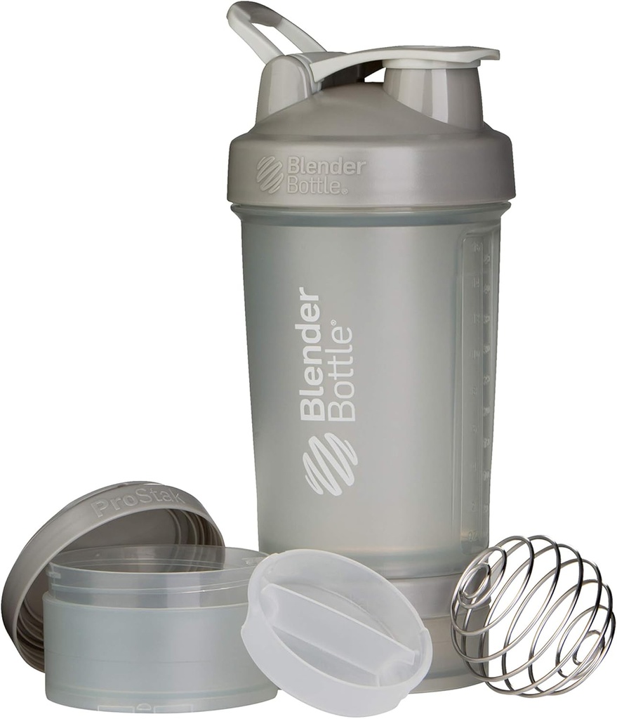 BlenderBottle Shaker Flaske med pilleorganisator og lagring for proteinpulver ProStak System, 22-Ounce, Pebble Grey