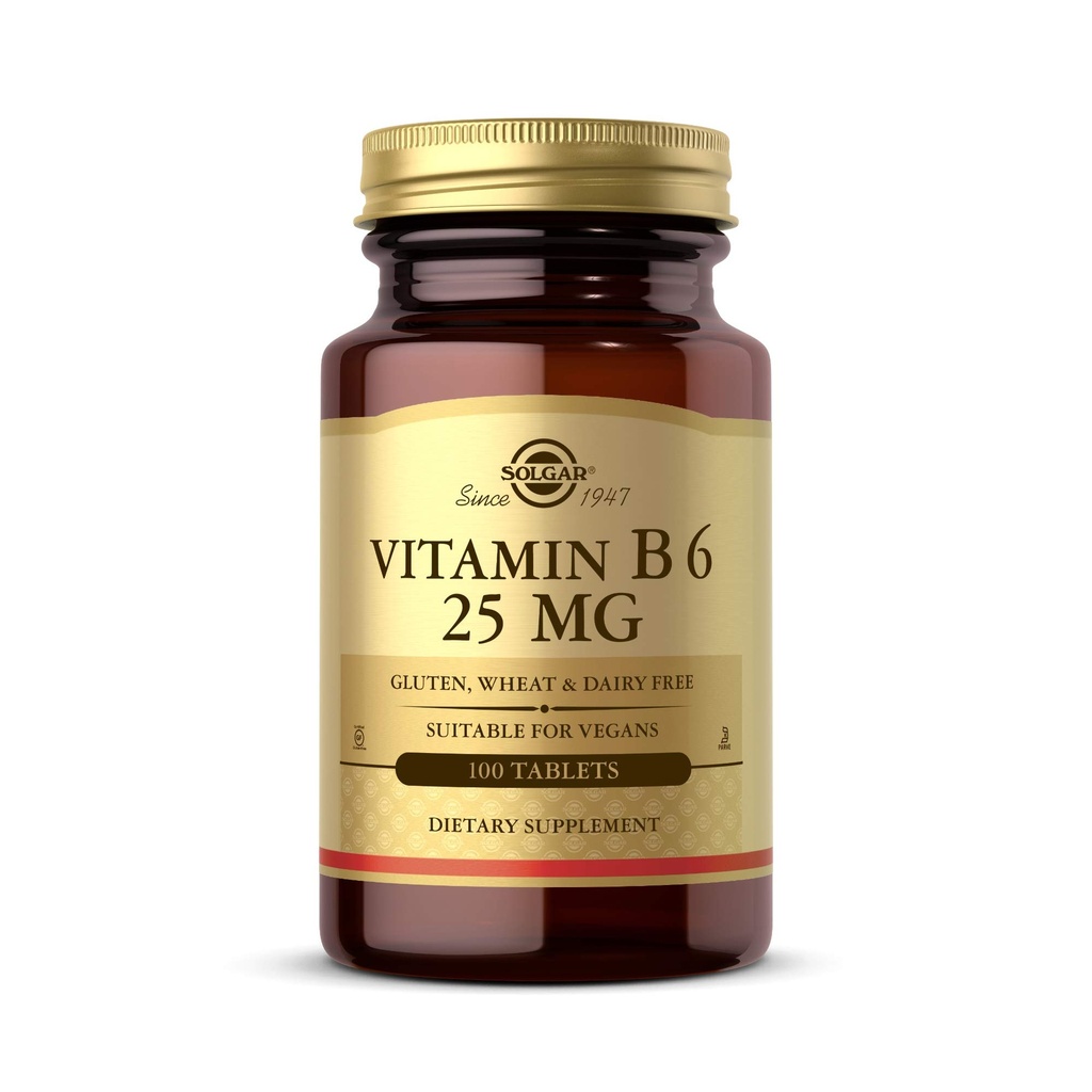 Solgar Vitamin B6 25 mg, 100 tabletter - støtter energimetabolisme, hjerte helse og sunn nervesystem - B kompleks kosttilskudd - Vegan, Glutenfri, Dairy Free, Kosher - 100 Services