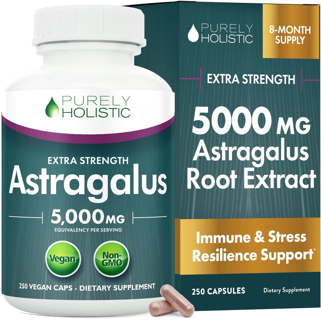 Astragalus Kapsler 5000 mg - 250 Kapsler, 8+ Måneds Supply - Overlegen styrke Astragalus Root Extract 20:1 - Ikke GMO, Vegetarisk og vegansk Vennlig - støtter immunsystemet og kardiovaskulær