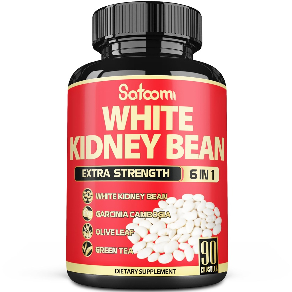 Satoomi 6 i 1 Hvit Neural Bean Extract Capsules -90 Kapsler - 3 måneders forsyning - Ekstra blanding med Olive Leaf, Grønn Kaffebønne & Grønn Te - Støtte Carb Scale Down