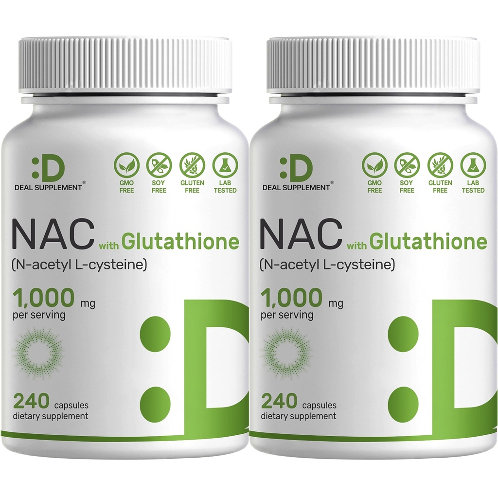 2 Pack NAC Supplement (N-Acetyl Cysteine) 1000 mg servering med redusert glutation, 480 kapsler