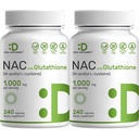 2 Pack NAC Supplement (N-Acetyl Cysteine) 1000 mg servering med redusert glutation, 480 kapsler