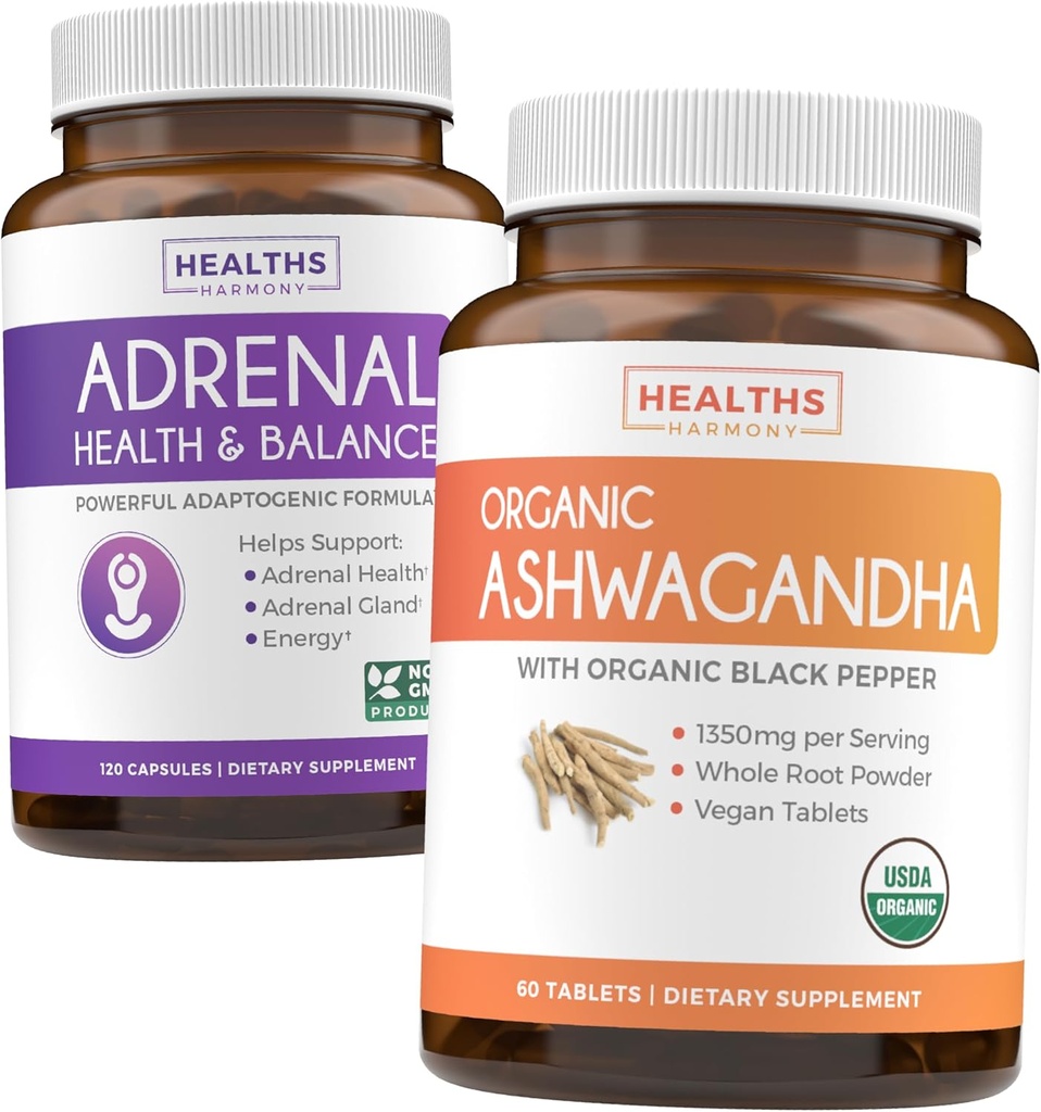 Adrenal & Ashwagandha (1-måneders forsyning) Rolig & Energize Bundle - Adrenal støtte med L-tyrosin (120 kapsler) & USDA Organic Ashwagandha 1350mg Ashwagandha Root pulver per servere (60 kapsler)