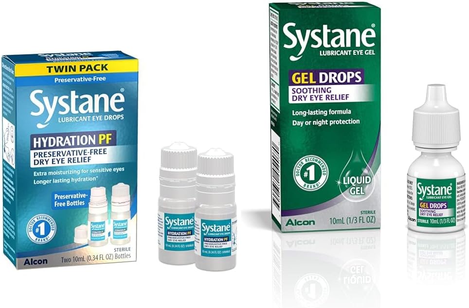 Systane Hydration Multi-Dose Preservativ-fri Øyedråper Tørr Eye Relief Twin Pack (2x10ml) & Lubricant Eye Gel drops, 10 ml (Packing May Vary)