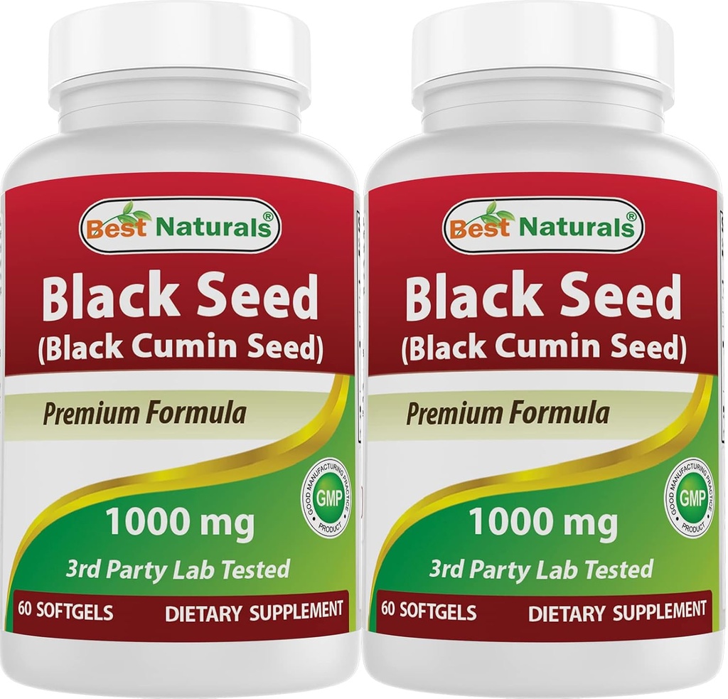 Beste Naturals 2 Packs Svart Seed Oil Capsules 1000 mg (Non-GMO) Nigela Sativa - 100% kaldt presset svart Cumin Seed Oil Pills Inneholder Thymoquinonoe 60 Count (Total 120 Softgels)