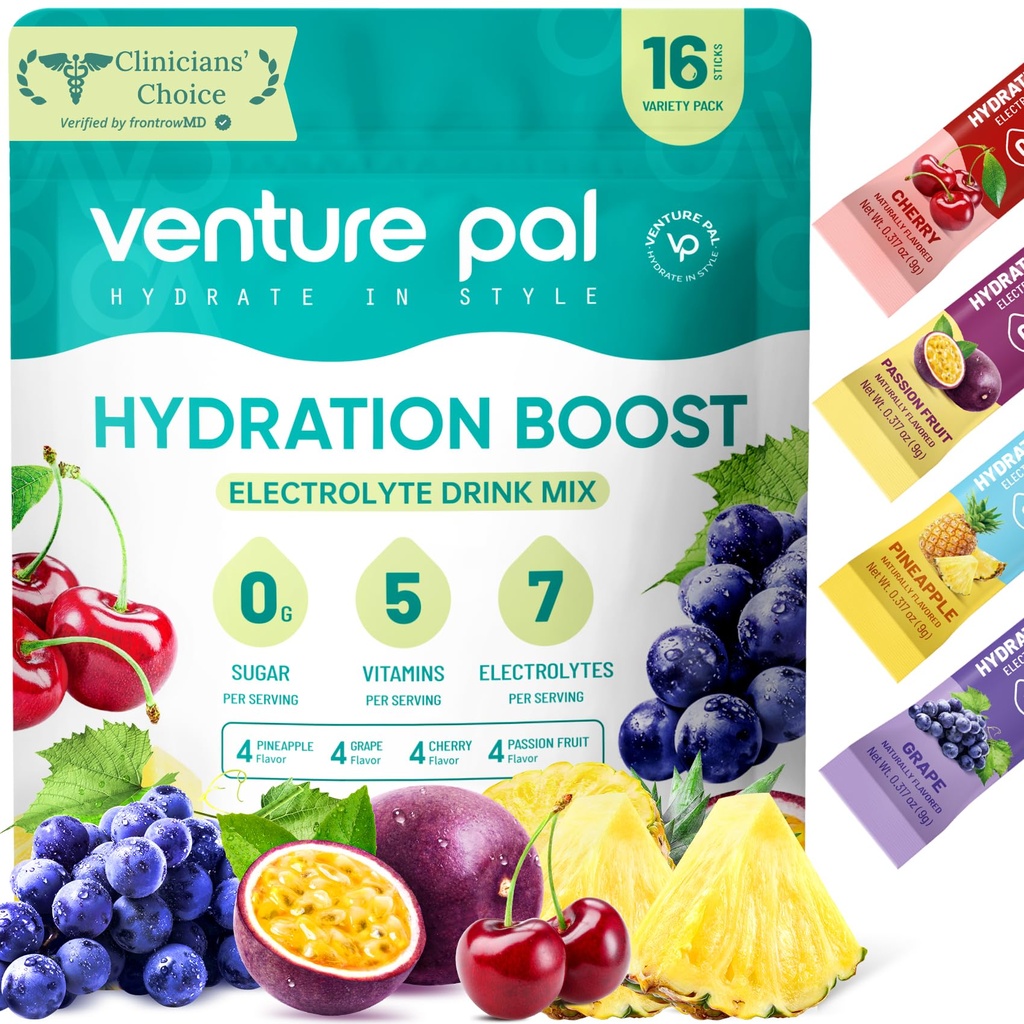 Venture Pal Sukker Gratis Elektrolyte pulver pakker - flytende daglig IV drikke blanding for rask hydrasjon og fest utvinning | 5 vitaminer og 7 elektrolyter | keto vennlig | Ikke-GMO | Certified Vegansk | 16 Sticks