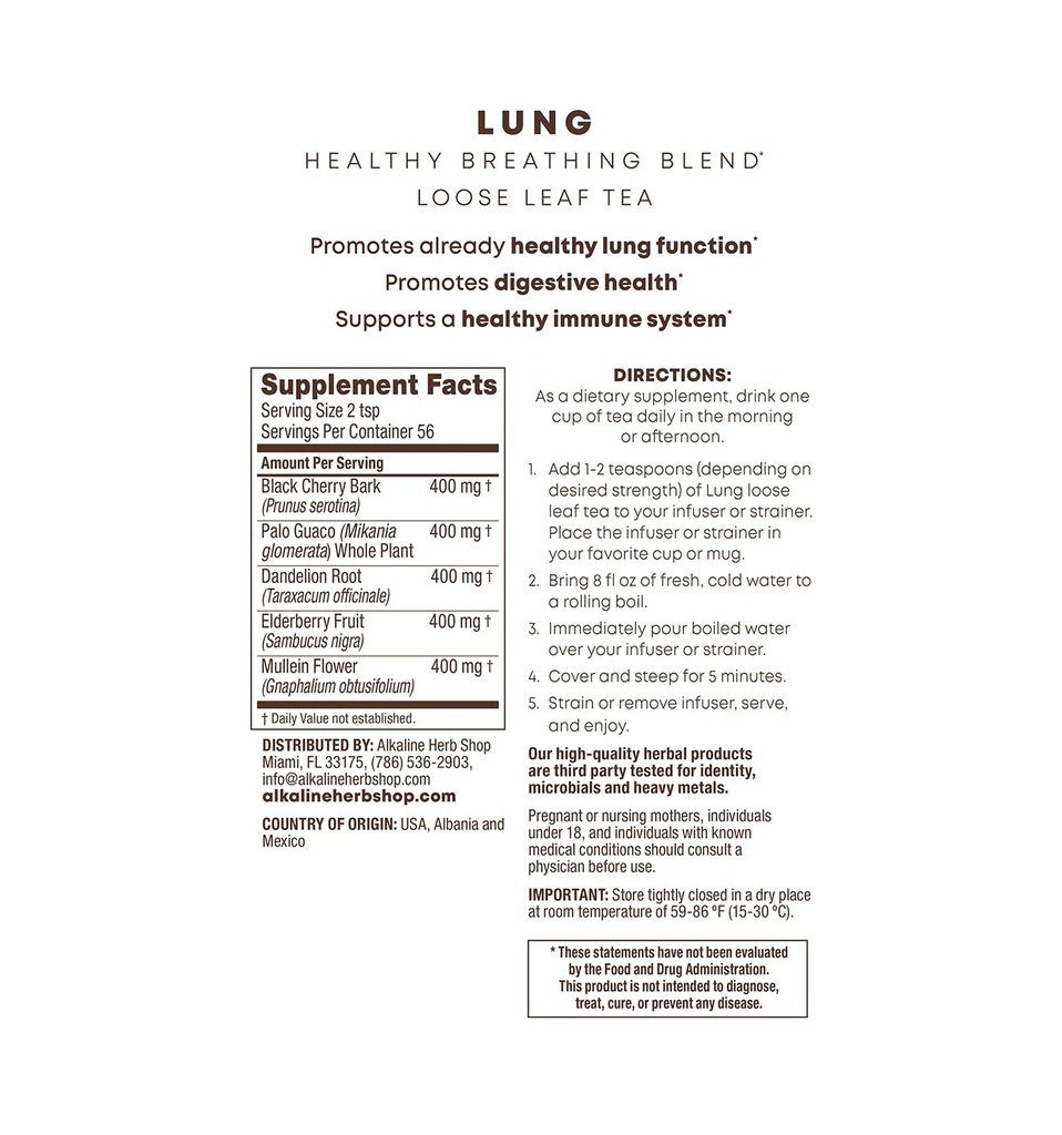 Alkaline Herb Shop - Happy Lung Tea Supplement - Laget med naturlige Wildcrafted Urter - Mullein, Elderberry, Danserot, Wild Cherry Bark. & Guaco - Vegan - Glutenfri - 4 Oz Loose Leaf Herbal Tea