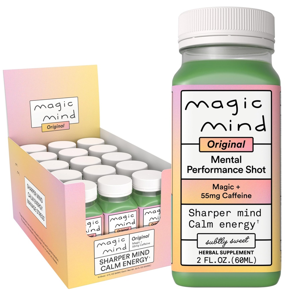 Magic Mind Energy and Focus Drink Shots - Stress Relieving, Ingen Jitters, Ashwagandha, Vitamin B12, Vitamin C, Matcha Grønn Te, Funksjonell Mushrooms - 2 FL Oz (15 Pack)