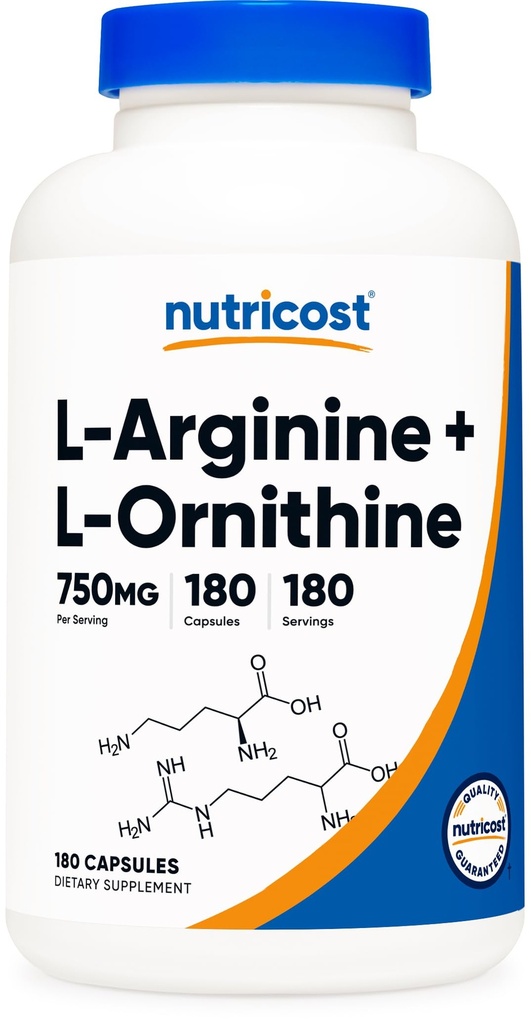 Nutricost L-arginin L-Ornithine 750 mg; 180 kapsler